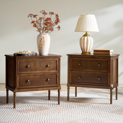 Mid-Century Modern End Table with 2 Drawer, Adjustable Solid Wood Feet, Easy Assembly Set of 2, Walnut