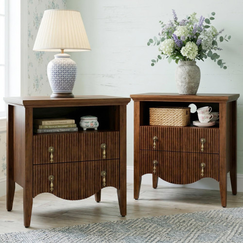 FUSUNBAO Set of 2 Nightstand with Charging Station, Vintage Bedside Table with 2 Fluted Drawers and Open Shelf