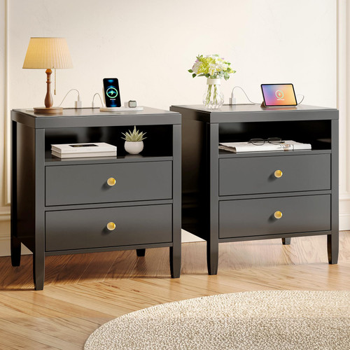 Huuger Black Nightstand Set of 2, Night Stand with Charger Station, Bedside Table with 2 Drawers, Bed Side Tables for Bedroom