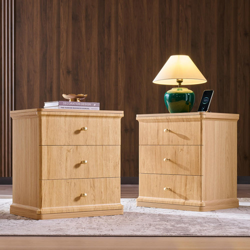 23.6'' Tall Modern Nightstand Set of 2, Wood Bedside Table with Charging Station, Mid Century End Table with 3 Storage Drawers