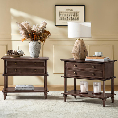 HULALA HOME Farmhouse Nightstand Set of 2 with Drawer & Open Shelf, Natural Wood End Table with Solid Wood Legs, 28.4''