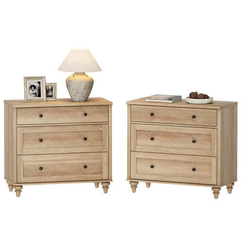 Set of 2 Large 3 Drawers Wood Bedside Table Night Stand, Wide Sofa Side End Table Chest of Dresser for Living Room, Bedroom, Oak, 34 inch