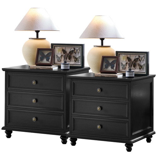Joaxswe 24" Wide Farmhouse Night Stand Set of 2,Large End Table with 3 Drawers & Metal Handle,Wood Dresser for Bedroom Cabinet