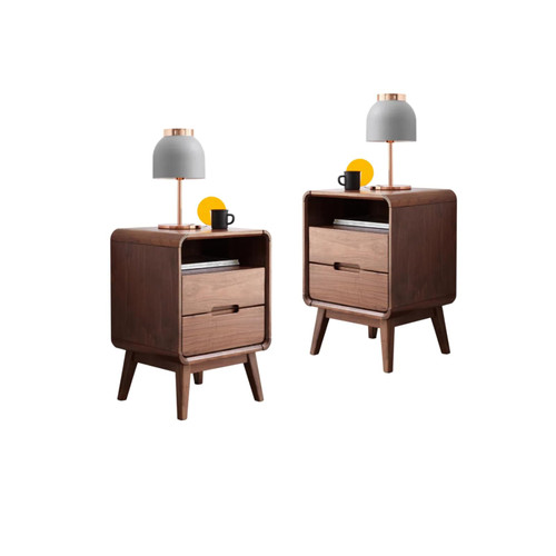 Solid Wood Nightstand Set of 2, Walnut Night Stand with 2 Drawers and Open Storage, Bedside Table for Bedroom
