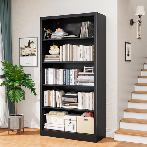 OSKEBABO 66 in Black Heavy Duty Metal Bookshelf, 5-Tier Adjustable Tall Bookcase, Industrial Floor Standing Storage Shelf 180 lbs Load Per Shelf for Living Room Home Office Bedroom Garage