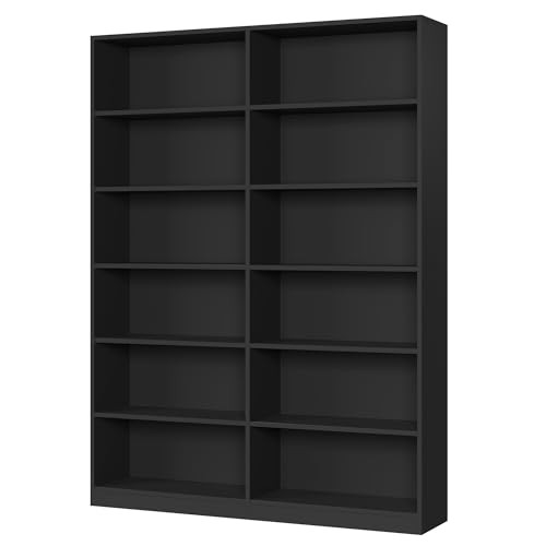 FACBOTALL Bookshelf and Bookcase, 6-Tier Double Wide Bookshelves, Freestanding Display Storage Shelves, Tall Bookcases for Home Decor Bedroom, Living Room, Home Office,Black