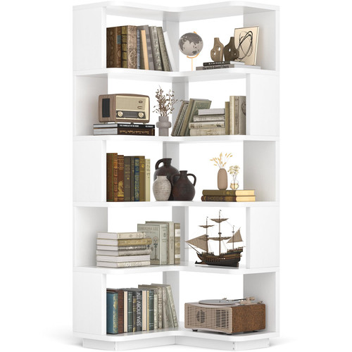 Besiost Corner Book Shelf, 6-Shelf Corner Bookshelf for Small Corner Spaces, L-Shape Bookcase Corner Display Shelf for Home Office, Living Room, Bedroom, White