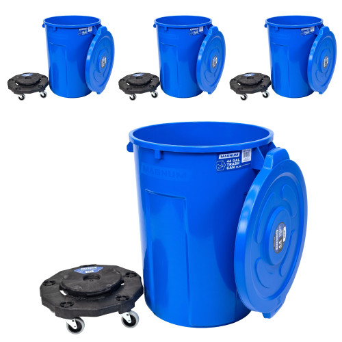 Magnum Blue 44 Gallon Trash Can Set (Trash Can, Quiet Dolly, and Reinforced Lid), Construction Grade, Jobsite Ready for Handling and Rolling Garbage CMTC-CLD0-44B04 (4 Set)