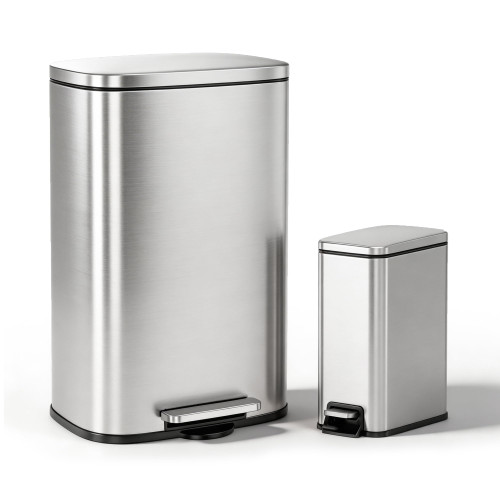 ZABINS 13 Gallon Trash Can (50L) and 1.6 Gallon (6L) Kitchen Trash Can Combo Set, Stainless Steel Garbage Can with Lid and Step-on Pedal, Soft Close Waste Bin with Inner Bucket for Home & Office