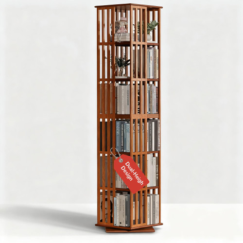 Lauxery Rotating Bookshelf Tower, 6-Tier 360° Bamboo Spinning Bookcase – Narrow Revolving Book Shelf, Floor Standing Space-Saving Storage Book Shelves for Small Space, Corner & Home Office | Walnut