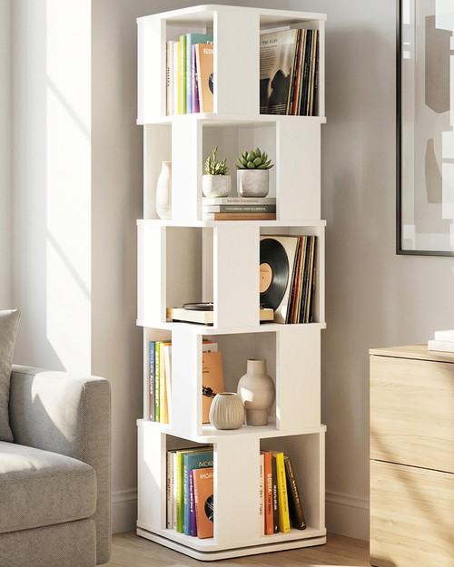 Foxemart 5-Tier Rotating Bookshelf Tower, 360° Spinning Modern Book Storage Bookcase, Stable Display Corner Book Shelf for Kids Room, Living Room, Bedroom, Home Office, White