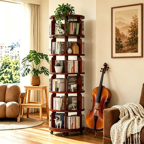 Azlafu 6 Tier 360° Rotating Solid Wood Bookshelf with Wheels, Lazy Susan Circular Spinning Revolving Corner Bookcase, Freestanding Storage Shelf for Bedroom Small Space, Walnut
