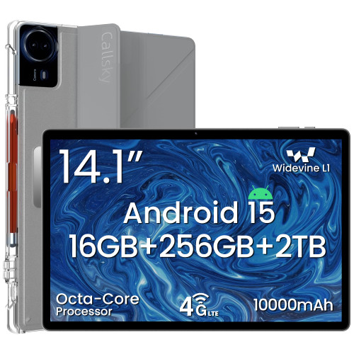 14 Inch Android 15 Tablet, 16GB RAM+256GB ROM, 1920x1200 FHD IPS Display, Widevine L1, 10000mAh Battery, 4G LTE, Wi-Fi & Bluetooth 5.0, Multi-Angle Stand Case & Stylus Pen,6ft Type-C Cable - Gray