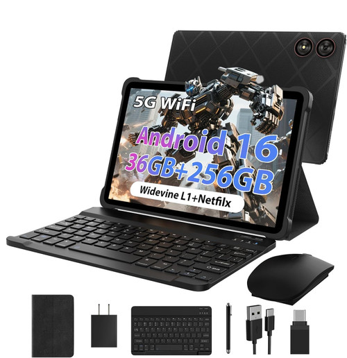 TOPWAH 11 Inch Tablet Android 16 Tablets with Keyboard, 36GB RAM + 256GB ROM (2TB Expand), 1280 * 800 ISP Display Tablets,8000mAh,T606 Octa-Core, 13MP+8MP Camera, 2.4G/5G WiFi, GPS, Widevine L1-Black