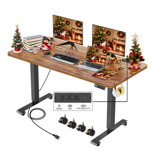 Legooin Electric Adjustable Height Standing Desk, 55×24 Inches Sit Stand Desk with Power Socket, 2 USB Ports, 3 Power Outlets, 4 Wheels,4 Memory Buttons Home Office Computer Workstations (Brown)