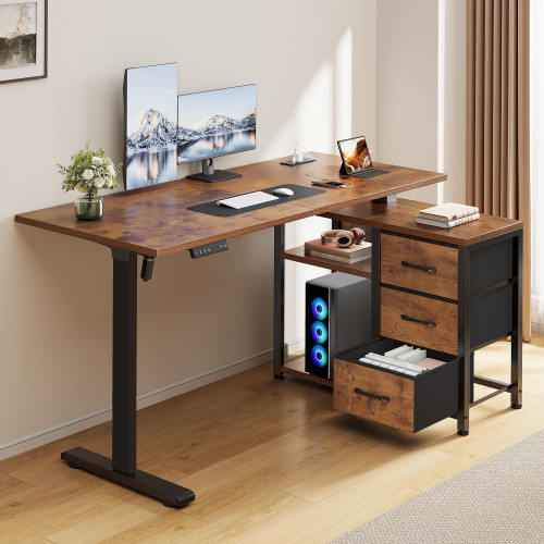 Homiflex 47 Inch L Shaped Desk with 3 Drawers Electric Standing Desks with Storage Computer Table Adjustable Height with Power Outlets 4 Memory Presets for Home Office, Rustic Brown
