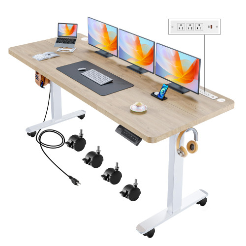 Legooin Electric Standing Desk with Wheels, 63'' x 24'' Standing Desk Adjustable Height with Charging Station, 2 USB Ports, 3 Power Outlets, 4 Caster, 27''-46'' Lifting Range Stand up Desk(Oak)