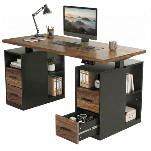 HUANUO 55" Standing Desk with Drawers, Executive Electric Height Adjustable Stand Up Desk with Storage, Computer Workstation for Home Office, Black Walnut