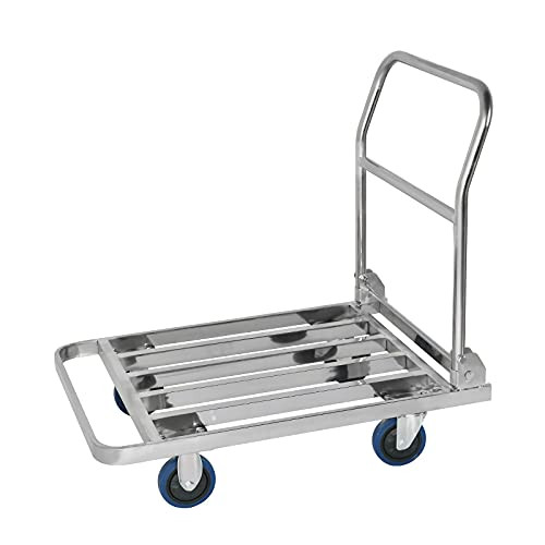 Foldable Heavy-Duty Push Hand Cart - Durable Stainless Steel Flatbed Trolley with Hollow Out Platform for Easy Moving, Transporting Bags & Goods - Versatile Dolly Cart