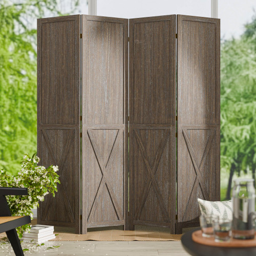Cozy Castle 4 Panel Folding Room Divider, Solid Wood Privacy Screen, Freestanding Partition Wall, Temporary Wall for Home/Office/Bedroom/Restaurant, Rustic Brown