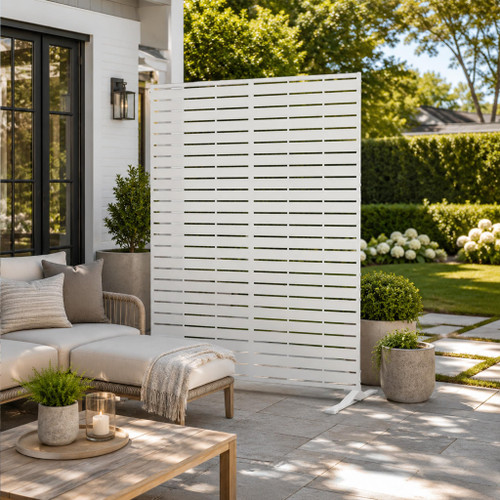 Kozyard Metal Privacy Screen 74" H x 47.2" W Decorative Outdoor Divider with Stand Panels Freestanding Screen Set for Deck Patio Balcony Garden Outdoor&Indoor (White/Horizontal Slat)
