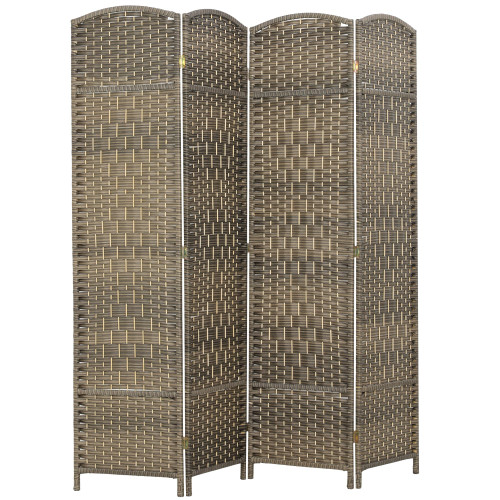 HOMCOM Room Divider, 6 Ft 4 Panel Folding Privacy Screen, Hand-Woven PP Wall Partition with Pine Wood Frame, Freestanding Room Separator for Bedroom, Home Office, No Assembly, Dark Rustic Oak