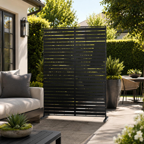 Kozyard Metal Privacy Screen 74" H x 47.2" W Decorative Outdoor Divider with Stand Panels Freestanding Screen Set for Deck Patio Balcony Garden Outdoor&Indoor(Black/Horizontal Slat)