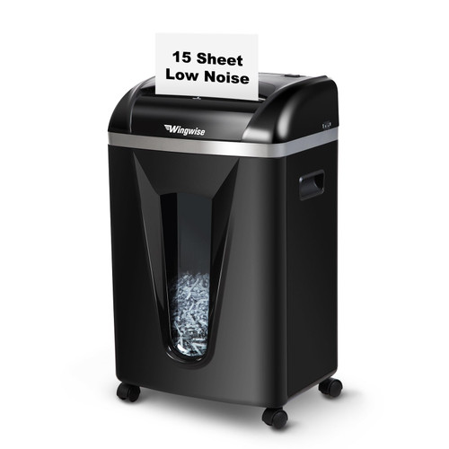 Wingwise 15-Sheet Paper Shredder with 58dB Quiet Operation, P4 Cross-Cut Security for Home Office, 15-Minute Run Time & 5.8-Gallon Bin – Shreds Credit Cards & CDs