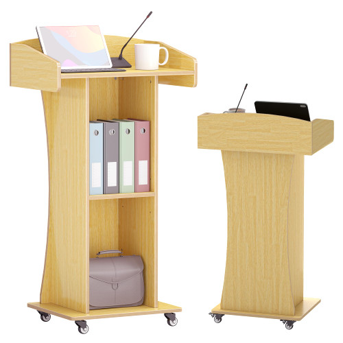 Qriocioa Podium Stand with Metal Wheels Wooden Lectern Podium Stand Portable Pulpit Standing with Storage Mobile Reception Podiums Desk for Church Office School Conference Restaurant Meeting,Oak