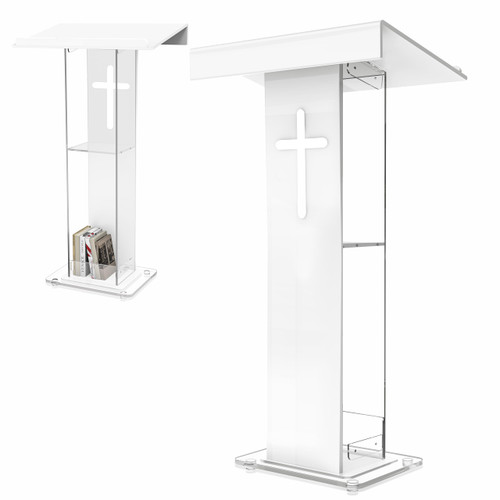 Easilywinlife 45.3 Acrylic Podium Lectern, Pulpit for Churches Stand with Double Shelves, Modern Plexiglass Pulpits Lectern with Cross Design for Classroom, Conference, Presentation,Wedding