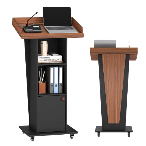 Baoz 15° Tilted Podium Stand with Storage & Lockable Wheels, Wooden Lectern with Adjustable Shelf, Mobile Portable Pulpit for Classroom, Church, Office (Black Brown)