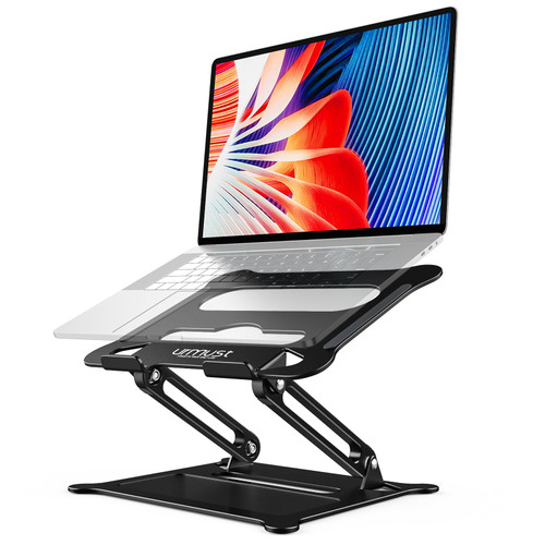 Urmust Aluminum Laptop Stand, Portable Laptop Riser, Adjustable Laptop Stand for Desk Foldable, Ergonomic Computer Notebook Holder for MacBook Air Pro HP, Office Desk Accessories (10-15.6'')- Black