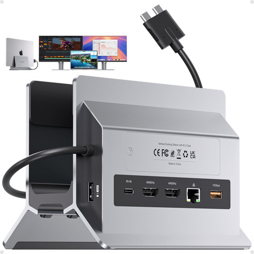 PULWTOP MacBook Docking Station Dual Monitor 4K@60Hz for MacBook Pro/Air M4 M5, Vertical Stand Dock with 2 HDMI, M.2 NVME SSD Enclosure 4TB, PD 100W, USB A/C 10Gbps, Ethernet, SD/TF for Home & Office