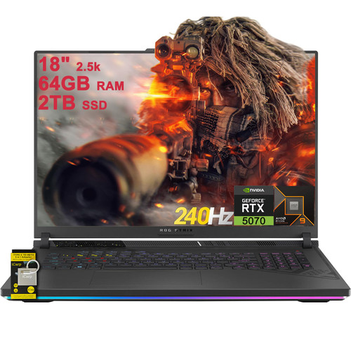 ASUS ROG Strix G18 G814 Gaming Laptop 18" 2.5k (2560x1600) 240Hz (100% DCI-P3, 3ms) AMD 16-core Ryzen 9 9955HX (>i9-14900HX) 64GB DDR5 2TB SSD GeForce RTX 5070 RGB Backlit WiFi6E Win11 ICP Hub