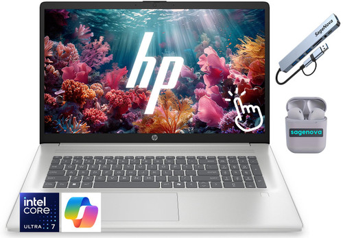 HP 17.3" Touchscreen Laptop, Intel Core Ultra 7 255U AI Processor, 16GB DDR5 RAM, 1.5TB (1TB SSD+512GB Docking Station Set), Backlit Keyboard, Fingerprint Reader, SageNova Earphones, Natural Silver