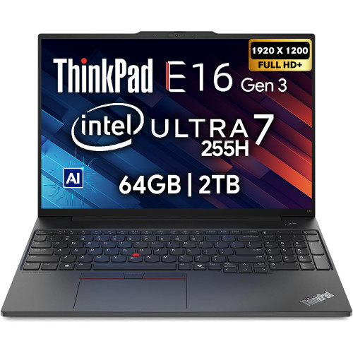 Lenovo ThinkPad E16 Gen 3, 16" FHD+, Intel Ultra 7 255H, 64GB DDR5 RAM, 2TB NVMe, Fingerprint, Backlit KB, WiFi 6E, RJ-45, FHD Webcam, Windows 11 Pro, AI Business Laptop - Black