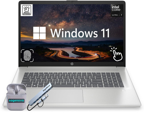 HP 17.3" Touchscreen Laptop, Intel Core Ultra 7 255U (12-Core, Up to 5.2Ghz), 40GB DDR5 RAM 2.5TB Storage (2TB SSD+512GB SageNova Docking Station), Backlit KB, Fingerprint Reader, Windows 11, Silver