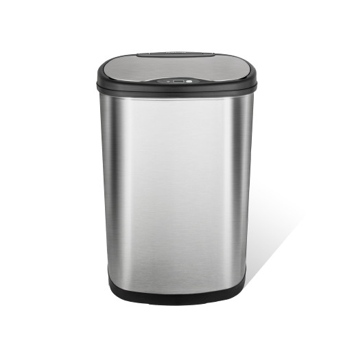 Ninestars 13 Gallon Oval Automatic Trash Can, 50L Touchless Motion Sensor Garbage Can with Odor-Sealing Lid & One-Touch Manual Mode, Silver Stainless Steel, Black Trim
