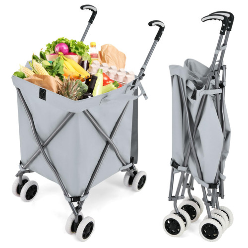 Goplus Folding Shopping Cart with Wheels, Grocery Cart with Removable Oxford Cloth Liner, Lightweight Utility Cart for Groceries Laundry, Gray
