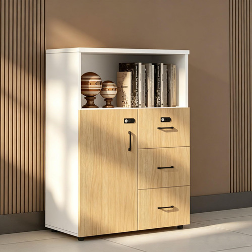 HSHBDDM File Cabinet with Password Lock, Wood Lateral Filing Cabinet for Letter/A4 Files, 3 Drawer with Door, Printer Stand with Open Shelves for Home Office