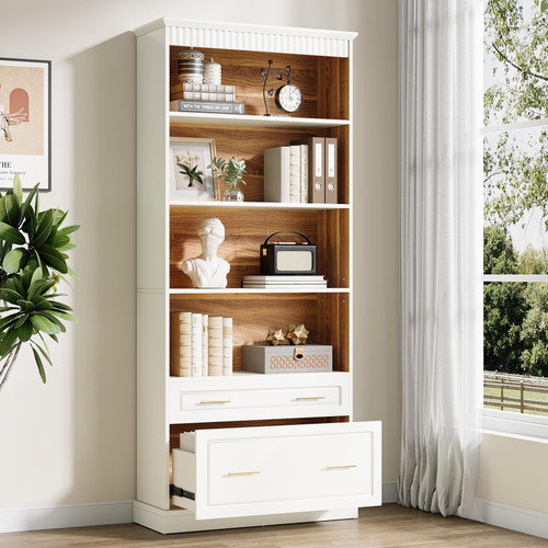 Tribesigns 5-Shelf Bookcase with File Cabinet Drawer, 72" Tall Bookshelf, Modern Free-Standing Wood Bookcase, Large Open Display Storage Book Shelf for Living Room (1, White)