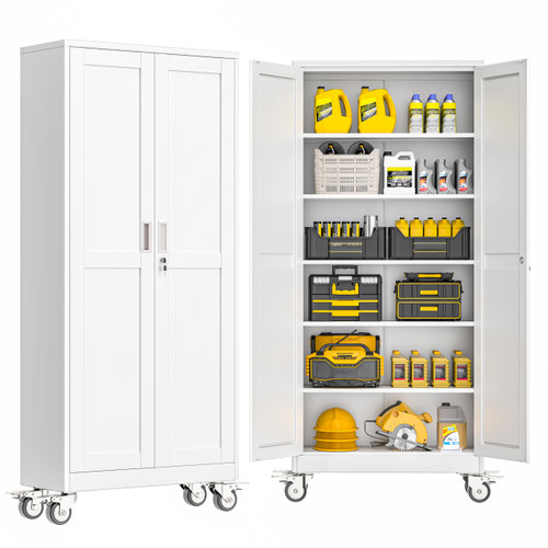 GAIOUS Metal Garage Storage Cabinet with Lock, Steel Tool Cabinet with 2 Doors and 5 Adjustable Shelves, 75” Tall Lockable File Cabinet with Wheels, Organization for Home Office Garage Gym - White