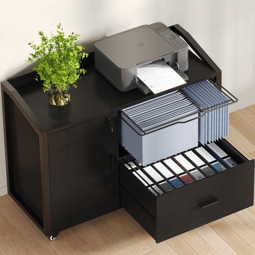HSH File Cabinet with Wheels with Locks,Black Mobile Filing Cabinet for Legal/Letter Size, Wood Metal Printer Stand with Shelves, Wheels & Hanging File Folder for Home Office Desk, 33 in