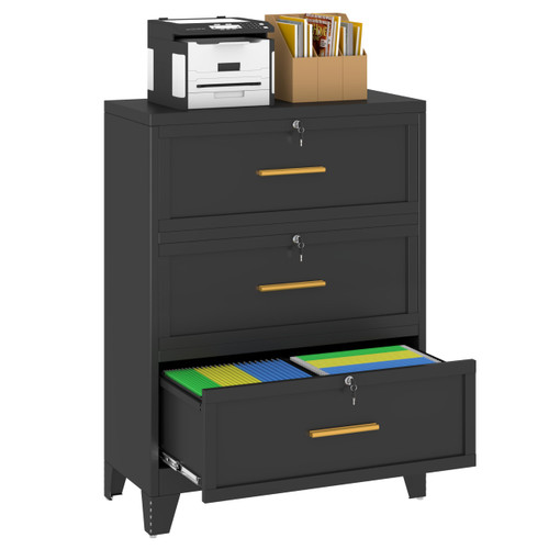 Metal Lateral File Cabinet with Lock,3 Drawer Steel Wide Filing Organization Storage Cabinets,Office Filing Cabinet for Legal/Letter/A4/F4 Size with Hanging Files&Key,Lockable Cabinets for Home Office