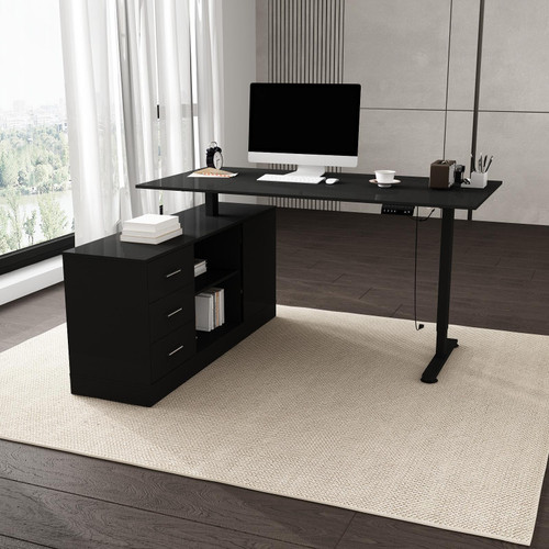 FUFU&GAGA 63” L-Shaped Standing Desk with Drawers, Electric Height Adjustable Desk with File Cabinet, Executive Computer Table, Sit Stand Desks, for Home Office, Black, 63”W x 55.1”D x 29.1”-44”H