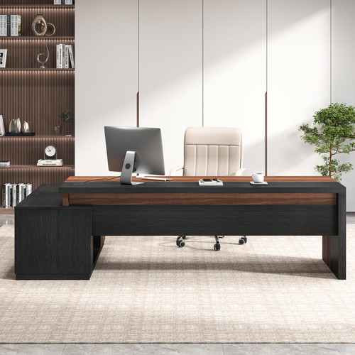 82.75" L-Shaped Executive Office Desk with Open Storage Shelves & Drawers, Modern Computer Desk with Power Outlet & Privacy Panel for Home Office Executive Workspace, Walnut & Black
