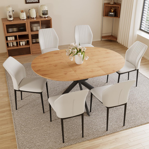 HIPIHOM 43.2"-59.1" Extendable Round Dining Table Set, Kitchen Table for 4-6 Person with Scratch-Resistant Thickened MDF Board, Oak Coffee Table w/Metal Legs