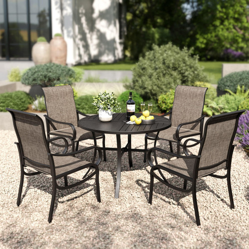 PHI VILLA Round Patio Dining Set for 4 Person, 42'' Round Metal Slat Table with Umbrella Holes and 4 High Back Fixed Chairs All Weather Outdoor Table and Chairs Set for Deck Garden Yard