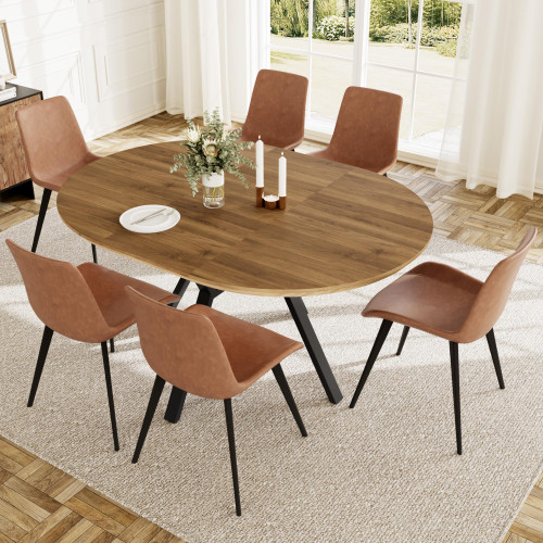 HIPIHOM Extendable Round Dining Table Set for 6 People, 43.3"-59.1" Extendable Kitchen Table with 6 Upholstered Chairs, Space Saving for Kitchen Dining Room (Walnut Table+6 Brown Chairs)
