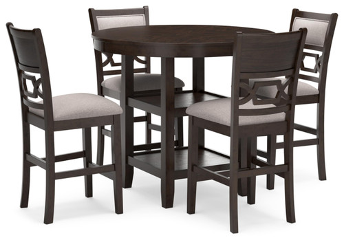 Signature Design by Ashley Langwest Transitional Diamond Patterned Counter Height Dining Table and 4 Upholstered Bar Stools, Set of 5, Dark Brown & Beige